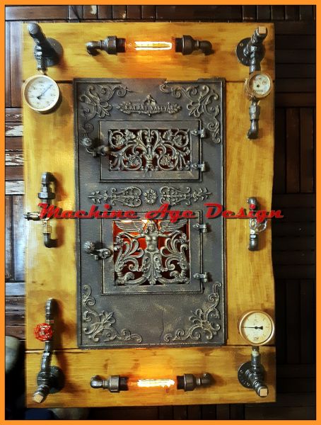 machine age Antik kályhaajtós asztal steampunk