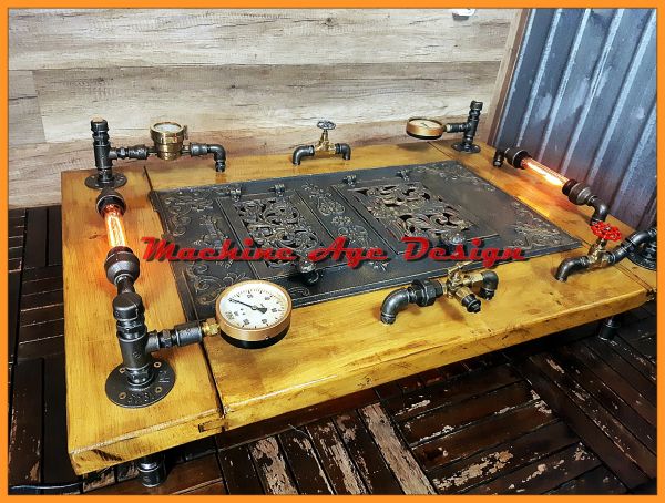 machine age Antik kályhaajtós asztal steampunk